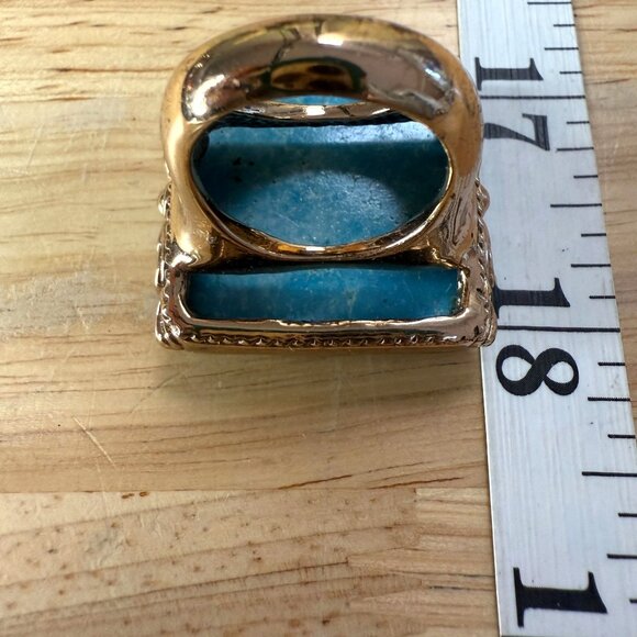 Large Turquoise Blue Square Stone Ring Size 8 With Ornate Gold-Toned Band Vintag - Picture 7 of 12